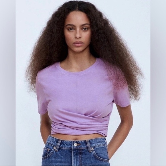 Zara Purple Lilac Knotted Cotton Cropped T-shirt M L - Picture 1 of 7
